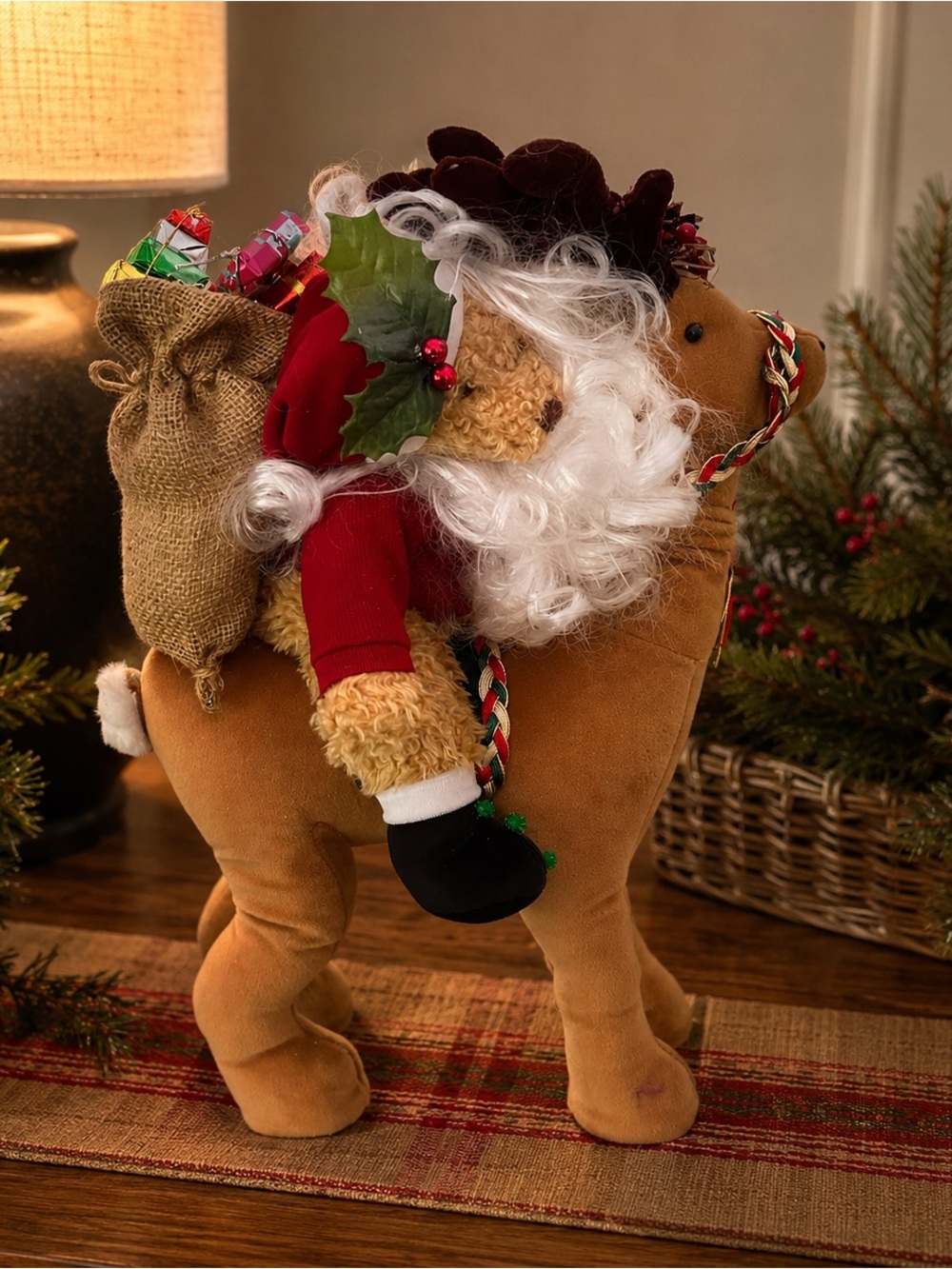 Holiday Santa on Reindeer Plush Décor - Tan and Red